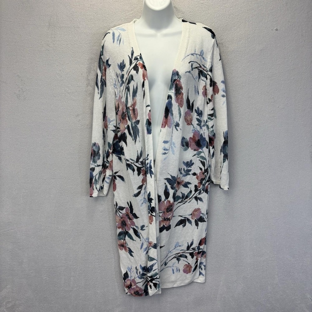 J. Jill Linen Blend Floral Longline Open Front Cardigan Womens Large Lightweight
